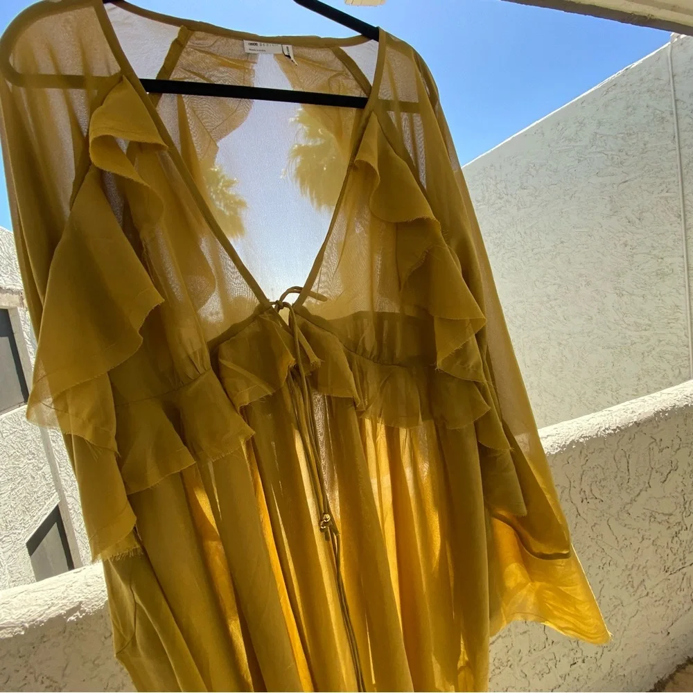 ASOS Sheer Tiered Ruffle Maxi Dress Mustard Bell Sleeve Raw Hem Size 10 - Picture 6 of 8